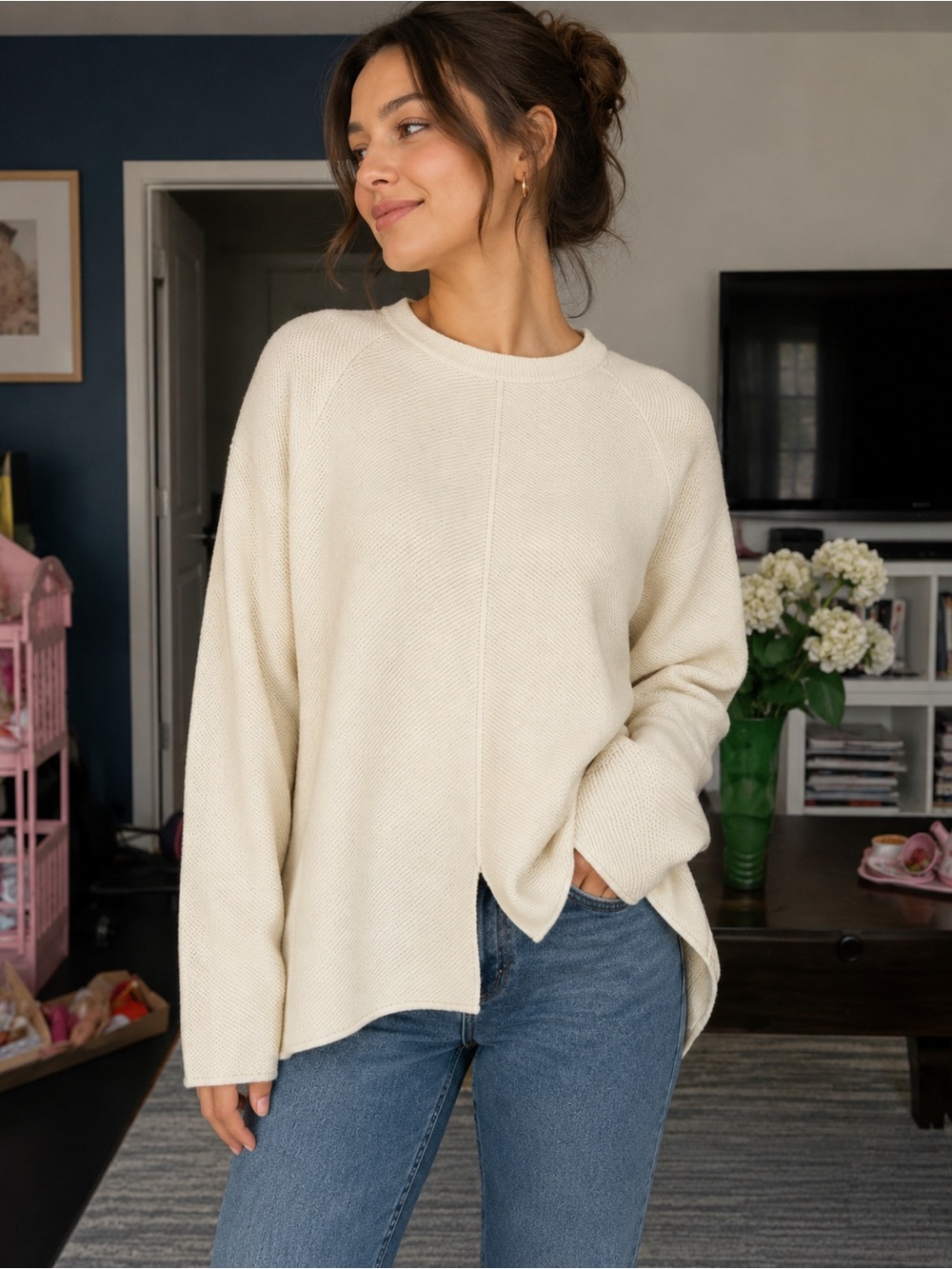 Relaxed Cream Crewneck Sweater - Lightweight Knit